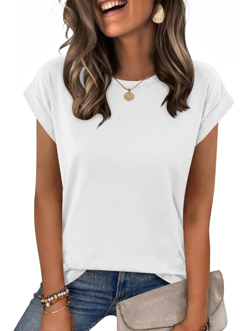 Women's White Casual Crew Neck Cap Sleeves Trendy Spring Fashion T Shirts